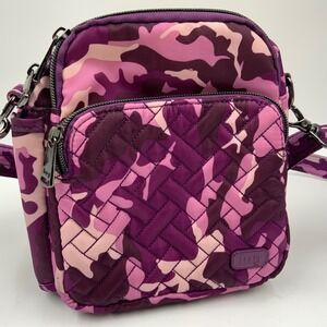Lug Can Can Crossbody Bag Purple Pink Camo Quilted Nylon Adjustable Strap
